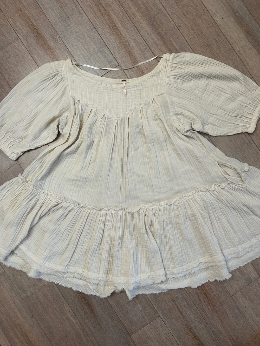 Free People Mystery Land Tunic Cream Mini Dress size small babydoll gauze